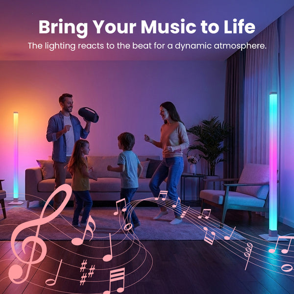 Family in a living room with dynamic lighting reacting to music, text 'Bring Your Music to Life'.