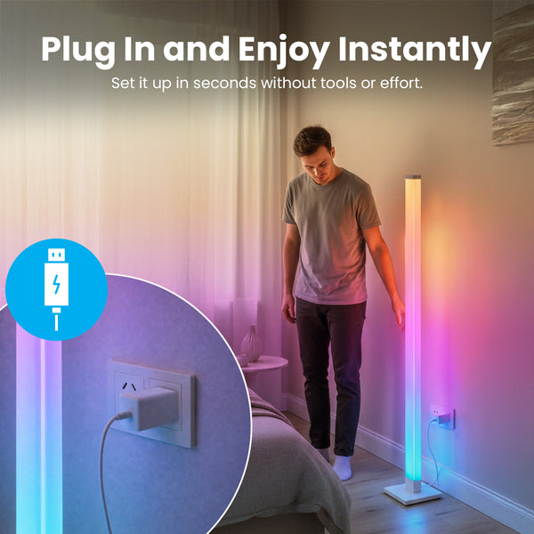 Person standing in a room with a colorful light fixture, with text 'Plug In and Enjoy Instantly' and a USB icon.