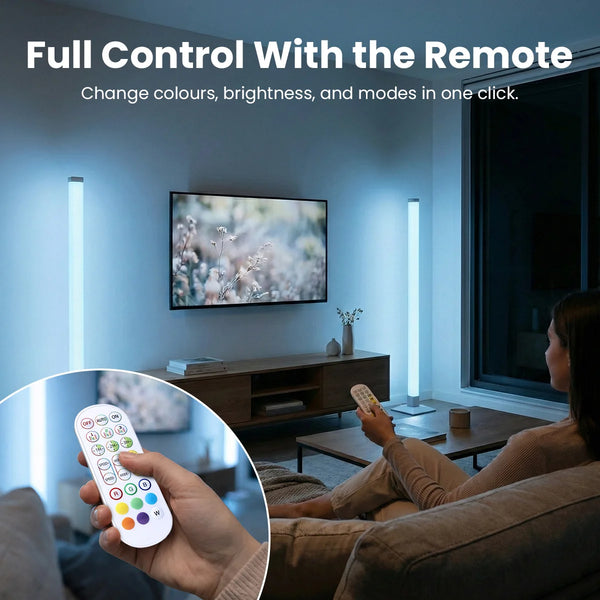 LED floor lamp with remote control for colour, brightness and mode settings