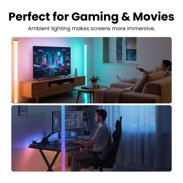 Advertisement for ambient lighting solutions for gaming and movies with a TV and computer setup.