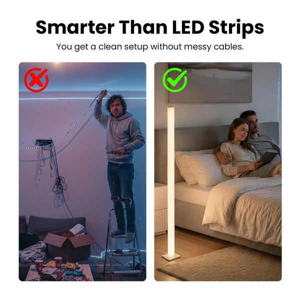 Modern LED mood lamp compared to LED strip lights for clean cable-free setup
