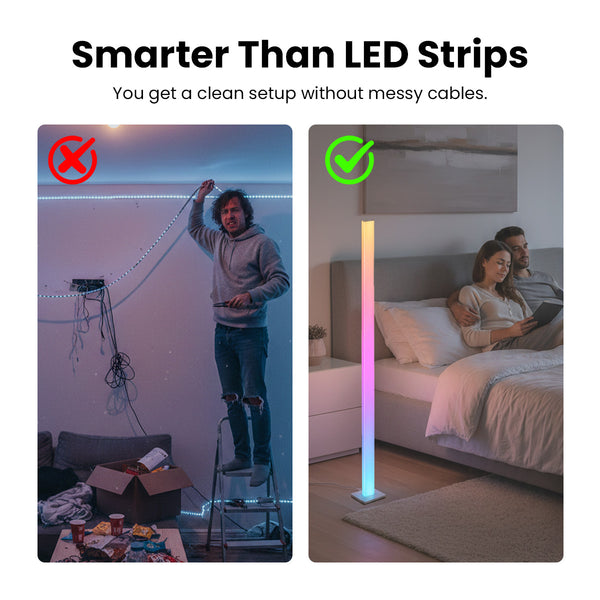 Comparison of LED strip installation with a floor lamp, highlighting cleaner setup without messy cables.