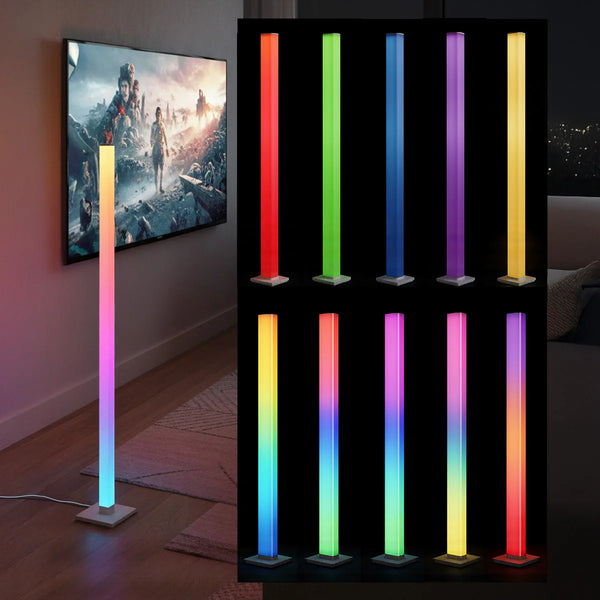 RGB LED floor lamp showing multiple colour options including red, green, blue, purple and gradient modes