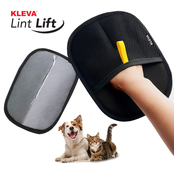 A hand uses the KLEVA® Lint Lift™ Glove by Kleva Range, a reusable pet hair and lint remover. Shown with mesh insert, it’s ideal for cleaning up after pets, as seen with the dog and cat below. Buy 1 Get 1 Free offer applies.