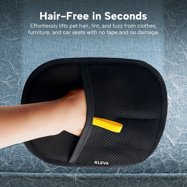 A hand uses the KLEVA® Lint Lift™ Glove by Kleva Range on a black mesh pad to remove pet hair and lint from various surfaces, tape-free and reusable, with visible pet hair in the background. Buy 1 Get 1 Free offer shown.
