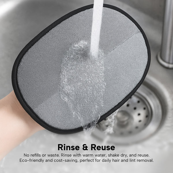 A hand rinses the gray KLEVA® Lint Lift™ Glove—Kleva Range’s reusable, eco-friendly pet hair and lint remover—under tap water, emphasizing daily reuse for hair removal and highlighting cost-saving, sustainable benefits. Buy 1 Get 1 Free!.