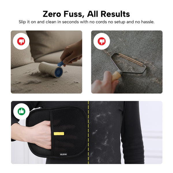 The top images show lint rollers and fabric fuzz removers cleaning a couch but earning thumbs-downs. Below, the KLEVA® Lint Lift™ Glove from Kleva Range is used on clothing and receives a thumbs-up for effectiveness.
