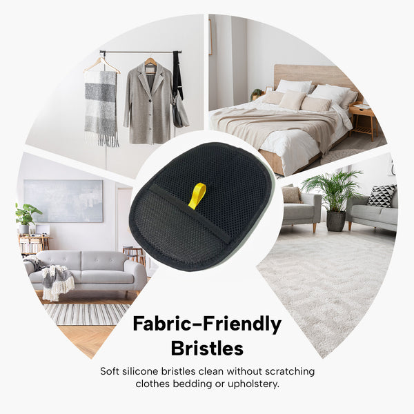 A circular graphic shows the Kleva Range KLEVA® Lint Lift™ glove—Quick & Easy Reusable Pet Hair and Lint Remover—at the center, with images of a coat rack, bed, sofa, and carpet. Text: “Fabric-Friendly Bristles.” Buy 1 Get 1 Free.