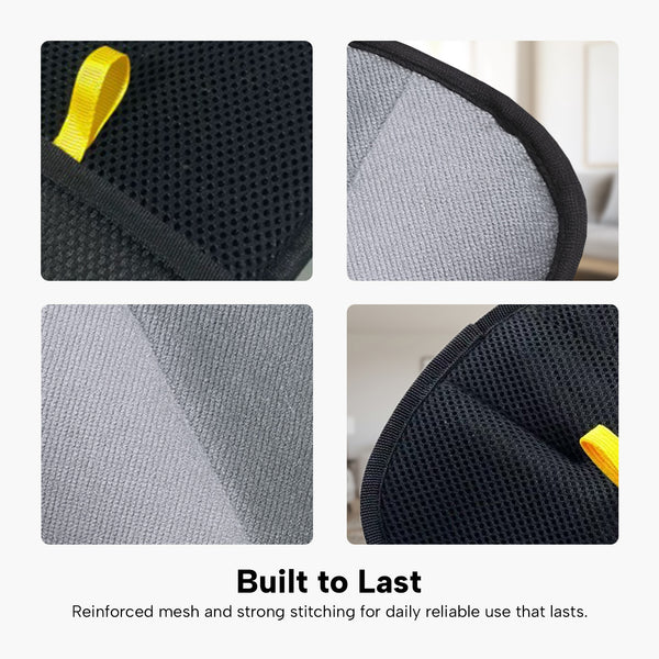 Close-up images showcase the KLEVA® Lint Lift™ by Kleva Range, featuring black and gray mesh with reinforced stitching and a yellow strap—designed for daily use as a durable, reusable pet hair and lint remover glove. Buy 1 Get 1 Free!.