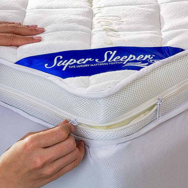 A hand unzips a white cover to reveal the Super Sleeper Pro Wave Mattress Topper, with its blue label. Another hand presses the corner, highlighting the topper’s thickness and support from Super Sleeper Pro. Free pillows included.