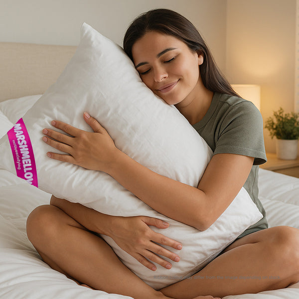 A woman in a short-sleeved gray shirt sits cross-legged on a bed, hugging a white pillow with the Marshmellow™ label and smiling with her eyes closed, enjoying the Super Sleeper Pro Marshmellow™ Plush Mattress Topper + 2 Free Pillows.