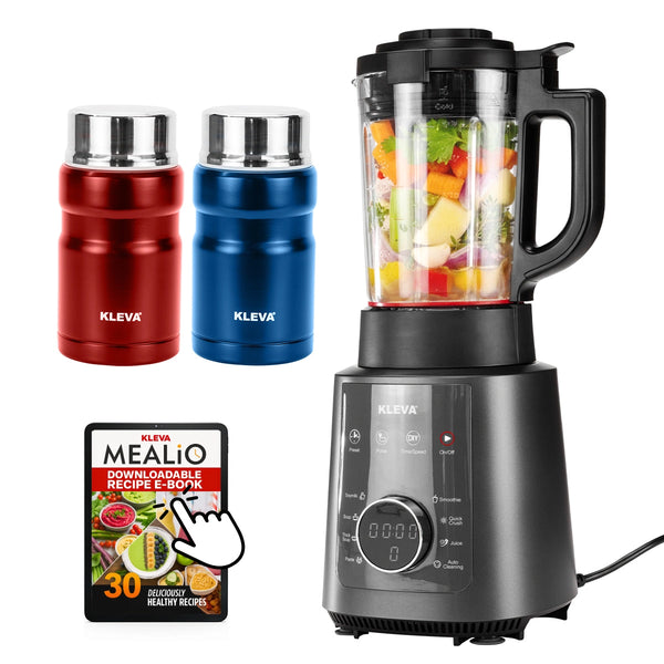 The Kleva Range Mealio® Hot & Cold Blender—Professional Soup Maker & Smoothie Blender in one—is displayed with two FREE Kleva soup flasks (red and blue) and a downloadable recipe e-book, all against a white background.