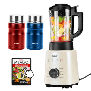 A Kleva Range Mealio® Hot & Cold Blender – Professional Soup Maker & Smoothie Blender in 1 is shown with two FREE soup flasks (red and blue) and a Recipe E-Book, highlighting its versatility for healthy meals.