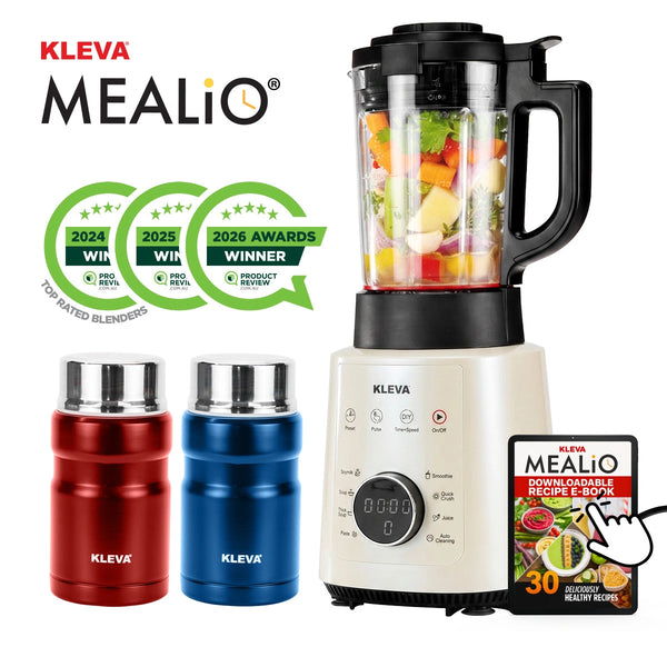 The Kleva Range Mealio® Hot & Cold Blender is a professional soup maker and smoothie blender in one, with 2 free soup flasks (red & blue), a downloadable recipe e-book with 30 recipes, and award badges from 2024 to 2026.