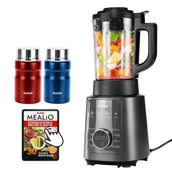 Kleva Mealio hot and cold blender bundle featuring two insulated stainless steel flasks and a 30-recipe digital e-book.