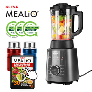 Kleva Mealio hot and cold blender bundle featuring two insulated stainless steel flasks and a 30-recipe digital e-book.