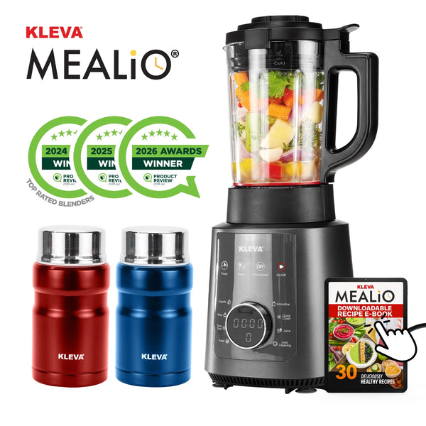 The Kleva Range Mealio® Hot & Cold Blender is shown with a clear jug of chopped vegetables, two FREE insulated soup flasks (red and blue), a downloadable recipe e-book, and three green award badges in the top left corner.