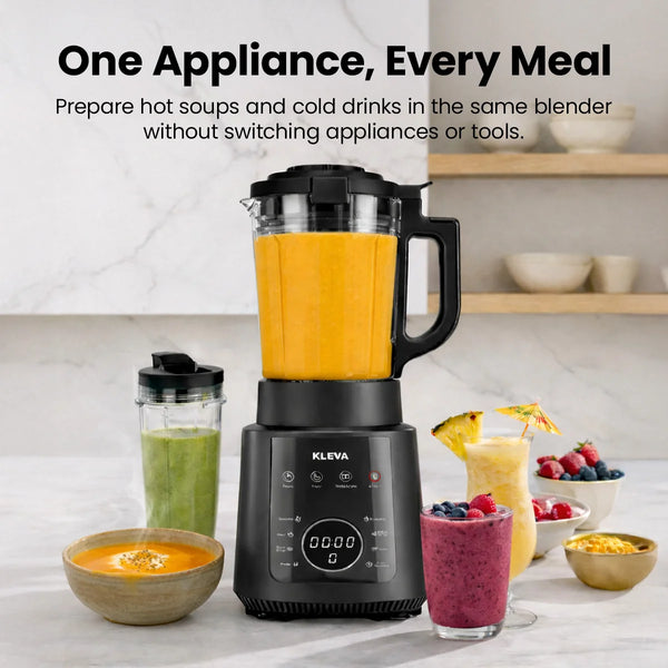 Versatile kitchen appliance display showing hot pumpkin soup and cold fruit smoothies prepared in the same Kleva Mealio blender.