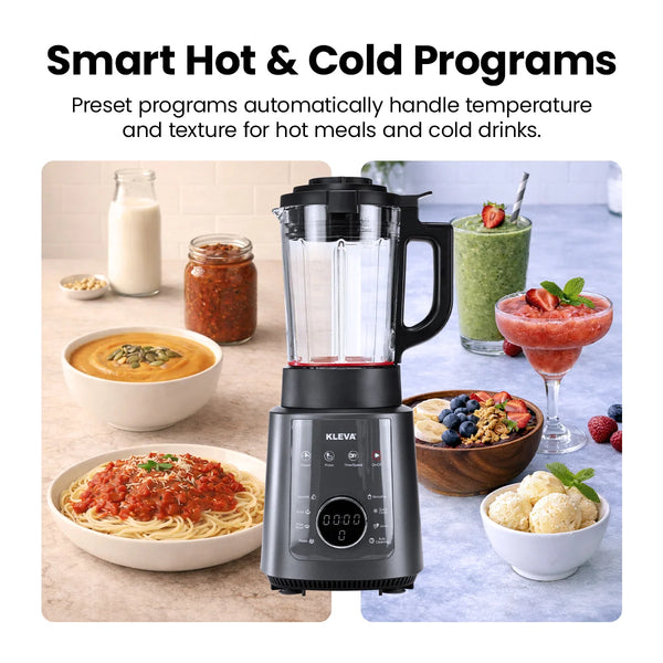 Split screen showcasing the smart hot and cold programs of the Mealio blender, featuring pasta sauce, smoothies, and frozen desserts.