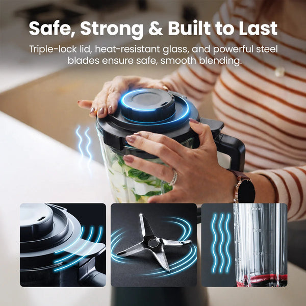 Technical details of the Kleva Mealio highlighting the triple-lock safety lid, stainless steel blades, and heat-resistant glass pitcher.