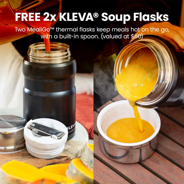A person pours soup from the Mealio® Hot & Cold Blender by Kleva Range into a free KLEVA soup flask (with built-in spoon, valued at $60), then into a cup. Text advertises 2 FREE flasks with purchase plus Recipe E-Book.