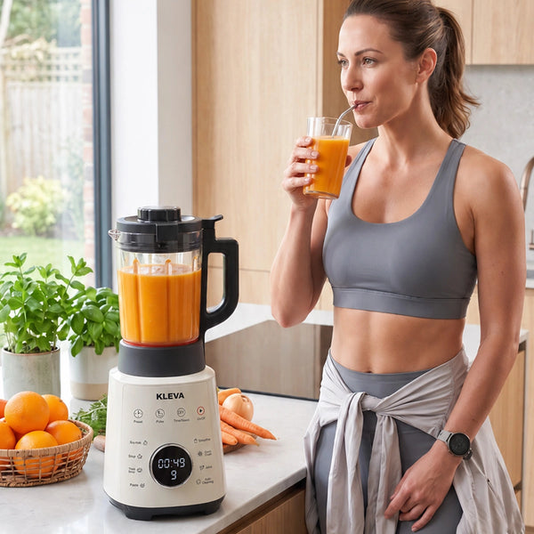 A woman in workout clothes sips orange juice in her kitchen. On the counter is the Kleva Range Mealio® Hot & Cold Blender – a professional soup maker & smoothie blender, with fresh oranges, carrots, and a potted plant nearby.