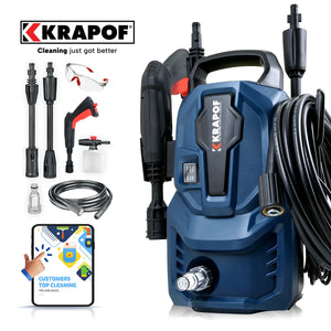 Compact electric pressure washer kit with hose, spray gun, nozzles and accessories for home outdoor cleaning