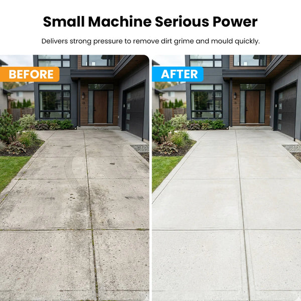 Before and after driveway cleaning with high pressure washer removing dirt grime and mould from concrete