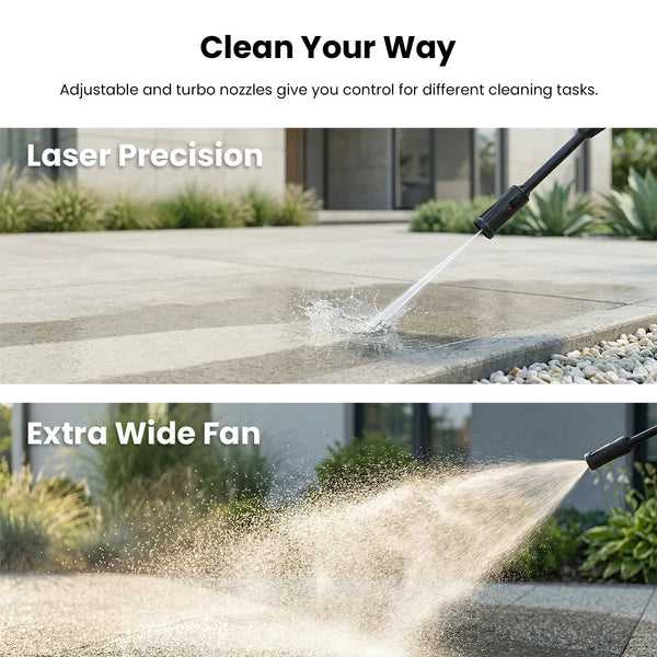Pressure washer spray nozzle settings showing narrow jet and wide fan cleaning patterns on outdoor surfaces