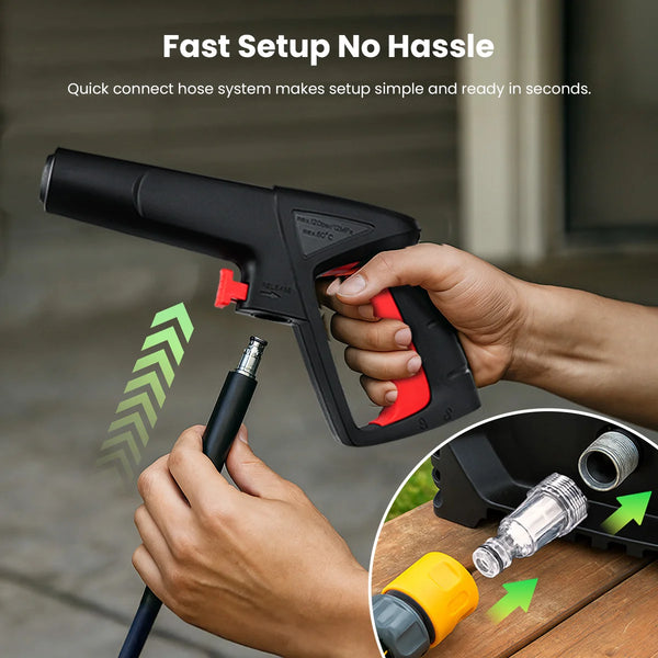 Quick connect pressure washer hose system easy setup spray gun attachment and water inlet connection