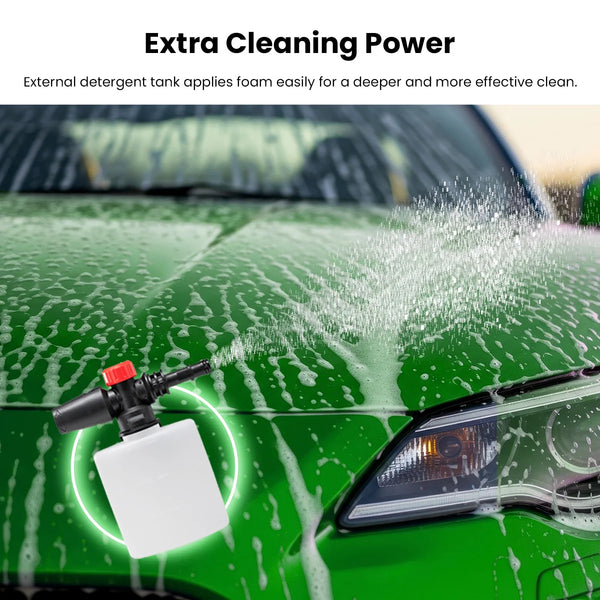 Foam cannon pressure washer attachment applying soap for deep cleaning car exterior surface