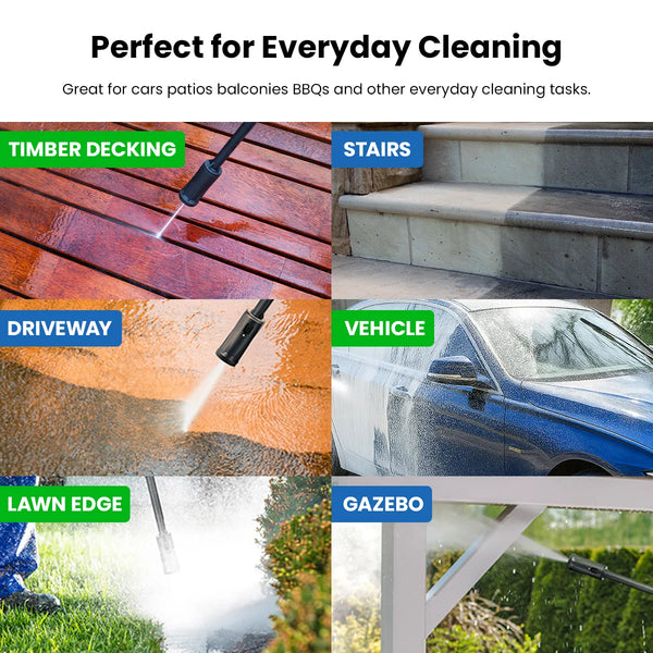 Pressure washer cleaning applications for decking driveway car stairs lawn edge and outdoor surfaces
