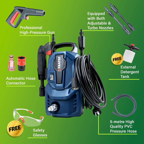 Electric pressure washer with accessories including hose gun nozzles foam bottle and safety glasses