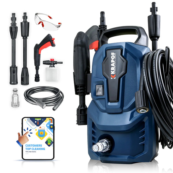 Electric pressure washer with accessories including hose gun nozzles foam bottle and safety glasses