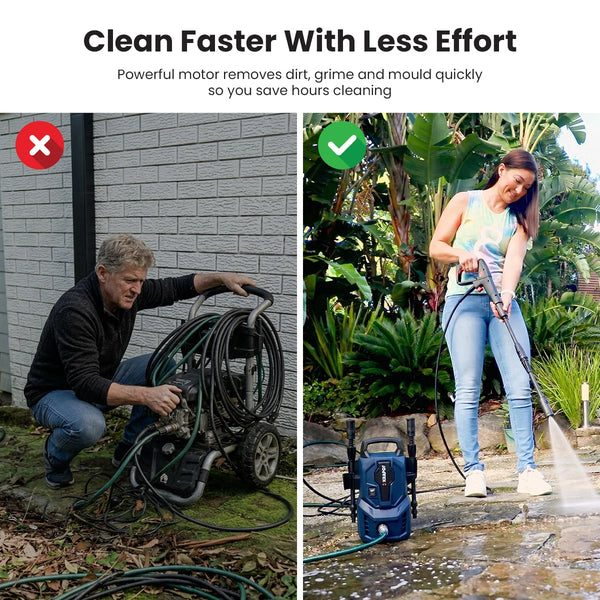 Comparison of bulky traditional pressure washer vs compact portable pressure washer showing easier faster outdoor cleaning with lightweight electric unit