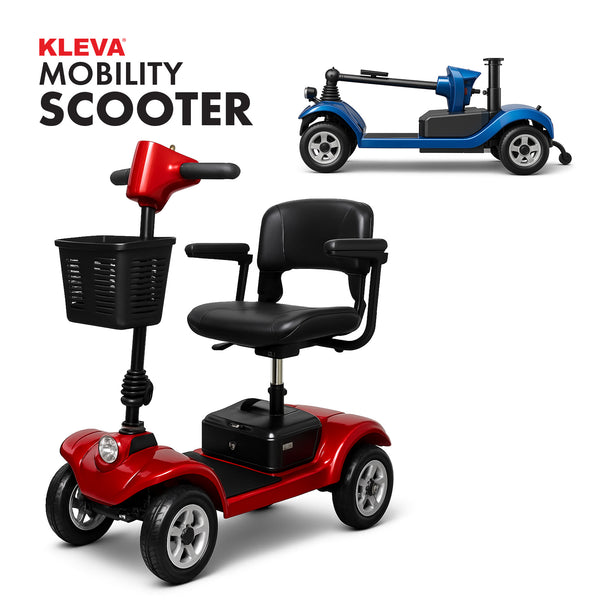 A KLEVA® Folding Electric 4 Wheel Mobility Scooter with adjustable seat by Kleva Range is in the foreground, featuring a front basket and armrests. A blue outline of a classic car appears in the background.