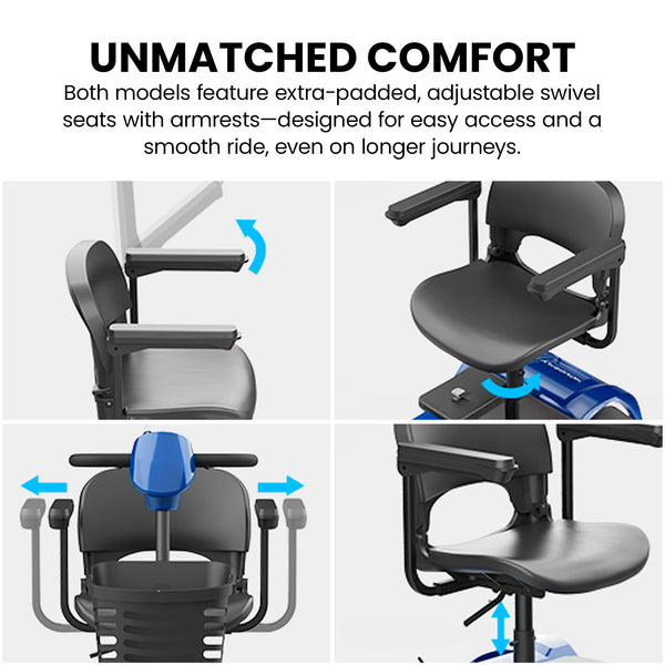 Four images display the KLEVA® Folding Electric 4 Wheel Mobility Scooter by Kleva Range, showcasing its padded adjustable swivel seat and armrests. Arrows highlight seat rotation and armrest movement, with text on comfort features.
