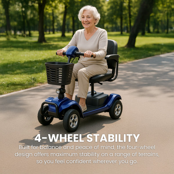 An older woman with short gray hair smiles while riding a KLEVA® Folding Electric 4 Wheel Mobility Scooter with Adjustable Seat by Kleva Range on a paved outdoor path, highlighting its stability and suitability for various terrains.