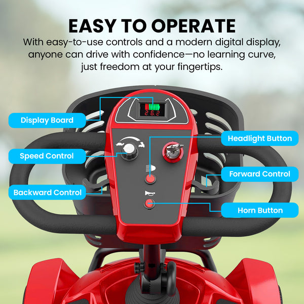 A close-up of the KLEVA® Folding Electric 4 Wheel Mobility Scooter by Kleva Range shows an easy-to-use control panel with labeled display board, speed and direction controls, headlight button, and horn button.