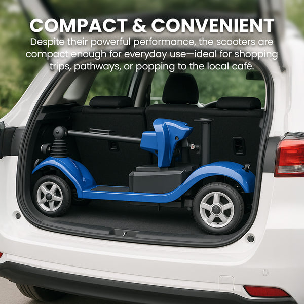 A KLEVA® Folding Electric 4 Wheel Mobility Scooter with Adjustable Seat by Kleva Range is folded and placed in a car trunk. This compact, portable scooter offers convenience for daily tasks like shopping or trips to a café.