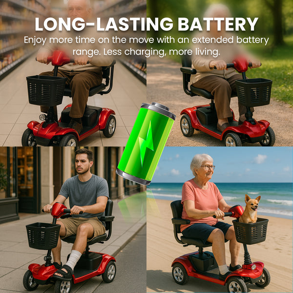 Four photos show people using the KLEVA® Folding Electric 4 Wheel Mobility Scooter with Adjustable Seat by Kleva Range in a grocery store, park, and outdoors. A green battery icon highlights its long-lasting battery and extended range.