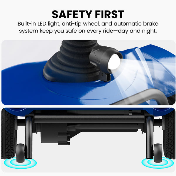 Close-up of the KLEVA® Folding Electric 4 Wheel Mobility Scooter by Kleva Range, showing its built-in front LED light, rear anti-tip wheels, and lower wheel design for enhanced safety. Text above highlights these key safety features.