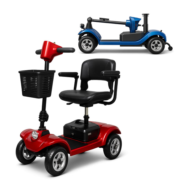 A Kleva Range KLEVA® Folding Electric 4 Wheel Mobility Scooter with an adjustable black seat, armrests, and front basket is shown. In the background, a blue version of the foldable mobility scooter is partially folded.