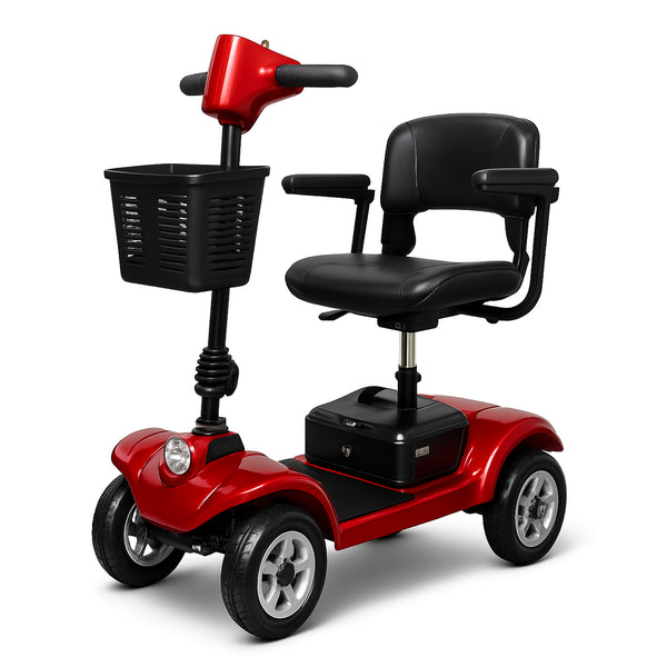 The KLEVA® Folding Electric 4 Wheel Mobility Scooter by Kleva Range features a red design, black adjustable seat with armrests, and a front basket, shown against a white background.