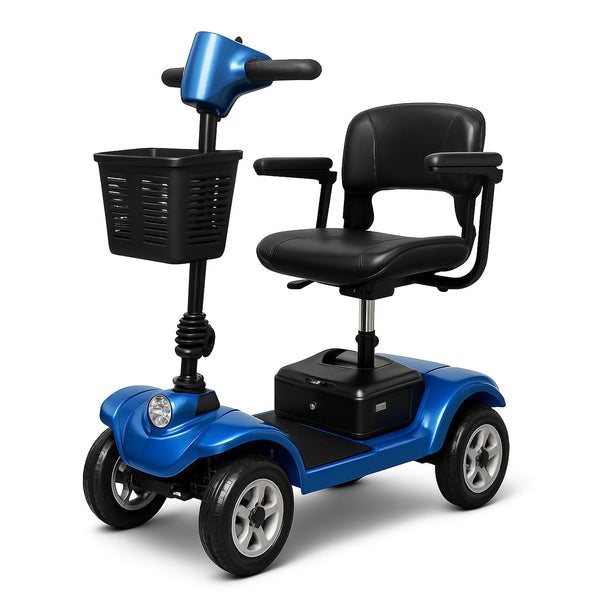 The KLEVA® Folding Electric 4 Wheel Mobility Scooter by Kleva Range features a black adjustable seat, armrests, front basket, handlebars, and headlight, all shown against a white background.