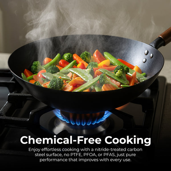 The KLEVA® All Natural Wonder Wok 28cm by Kleva Range cooks broccoli, red pepper, and snap peas over a blue gas flame. Its chemical-free surface provides natural non-stick benefits, rapid heat control, and comes with a 10-year guarantee.