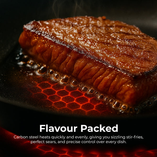 Carbon steel wok searing meat perfectly