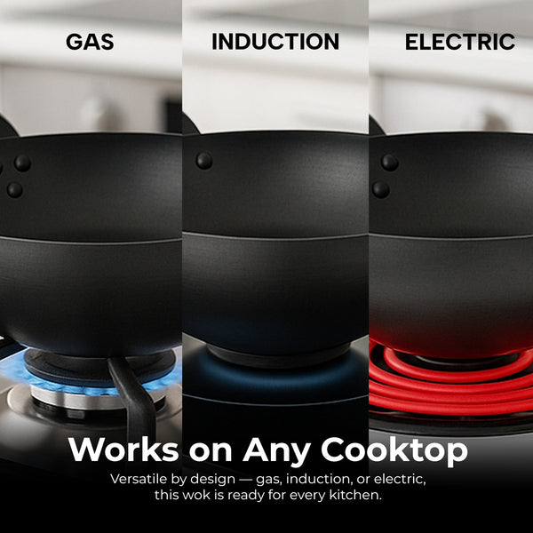 Wok works on gas, induction, and electric cooktops