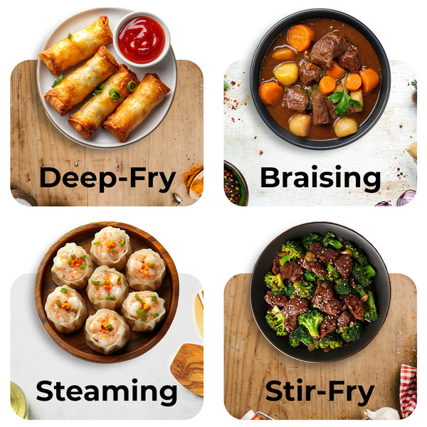 Kleva Range’s KLEVA® All Natural Wonder Wok 28cm shows four cooking methods: deep-fried spring rolls, braised beef stew, steamed shrimp dumplings, and stir-fried beef with broccoli—all in a natural non-stick wok with rapid heat control.