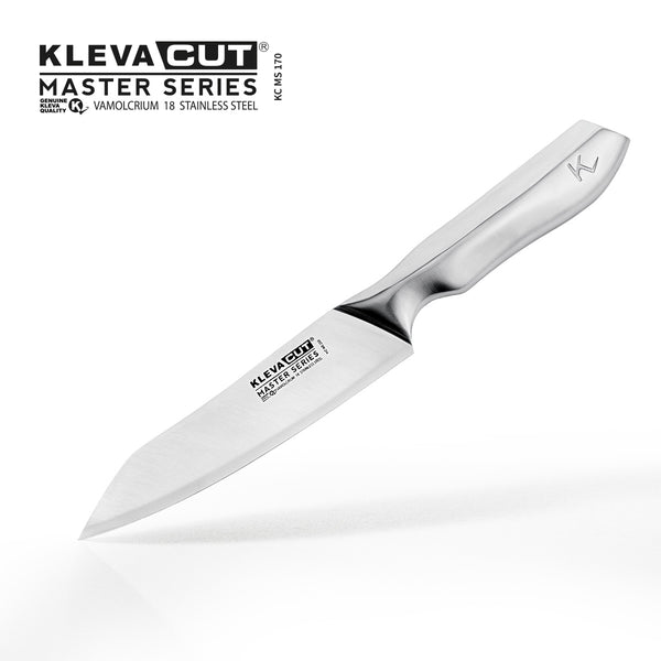 The KlevaCut® Master Series Professional Oriental Cooks Knife (18cm) by Kleva Range features Japanese steel, a straight-edge blade, and an ergonomic handle. Shown on a white background with Kleva Range branding in the top left corner.